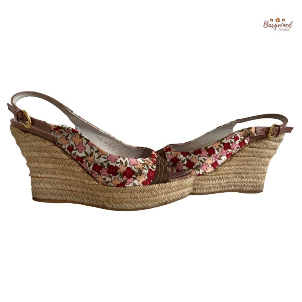 Auth LOUIS VUITTON Floral Satin Fabric Patent Ankle Strap Espadrille Wedge 7.5